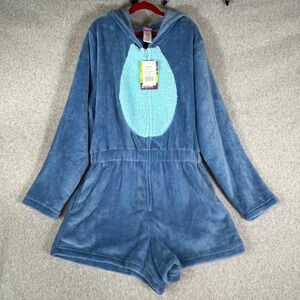 Disney Stitch Pajamas Sleepwear Romper Blue M Shorts Hoodie Fleece one‎ piece